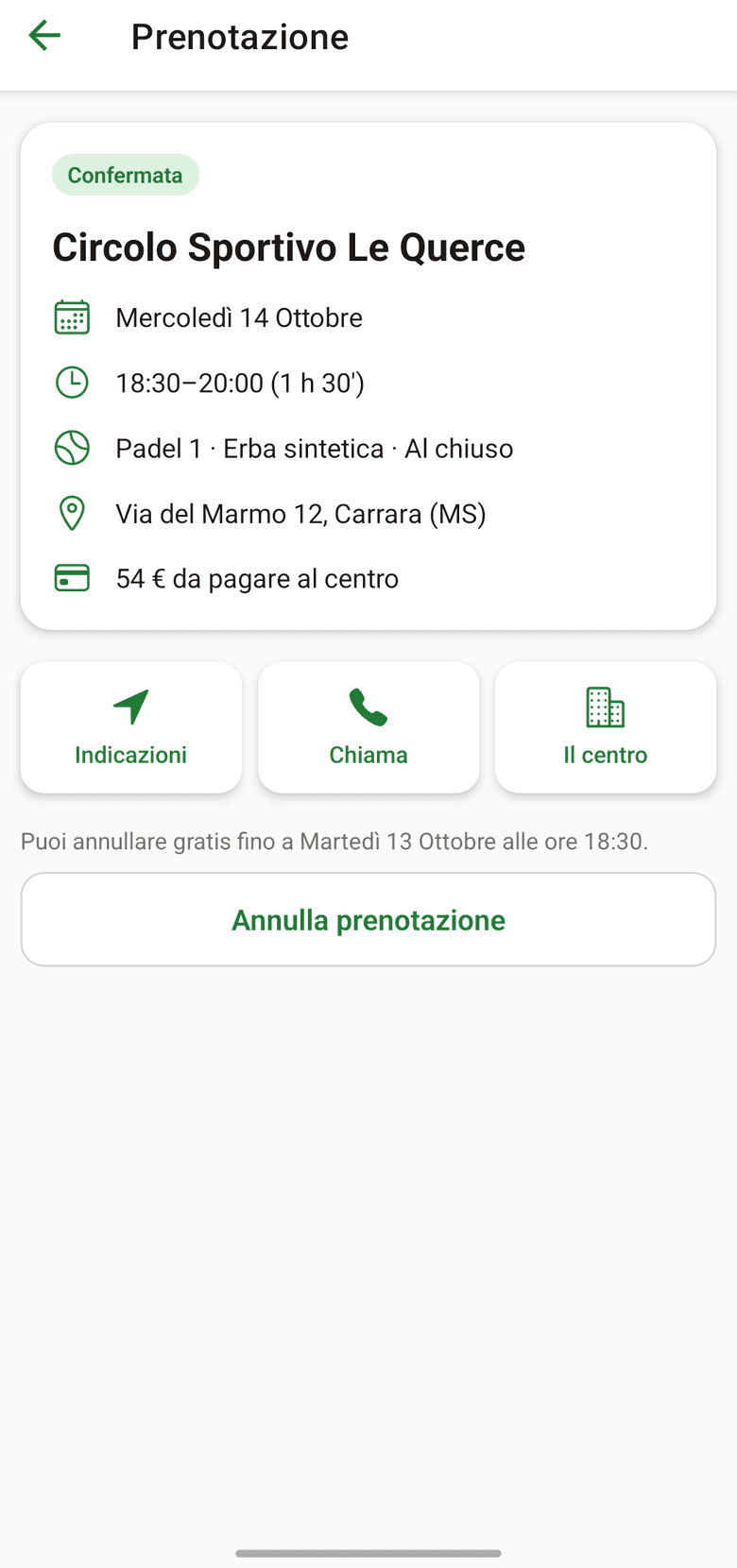 Dettaglio di una prenotazione con indicazioni e annullamento