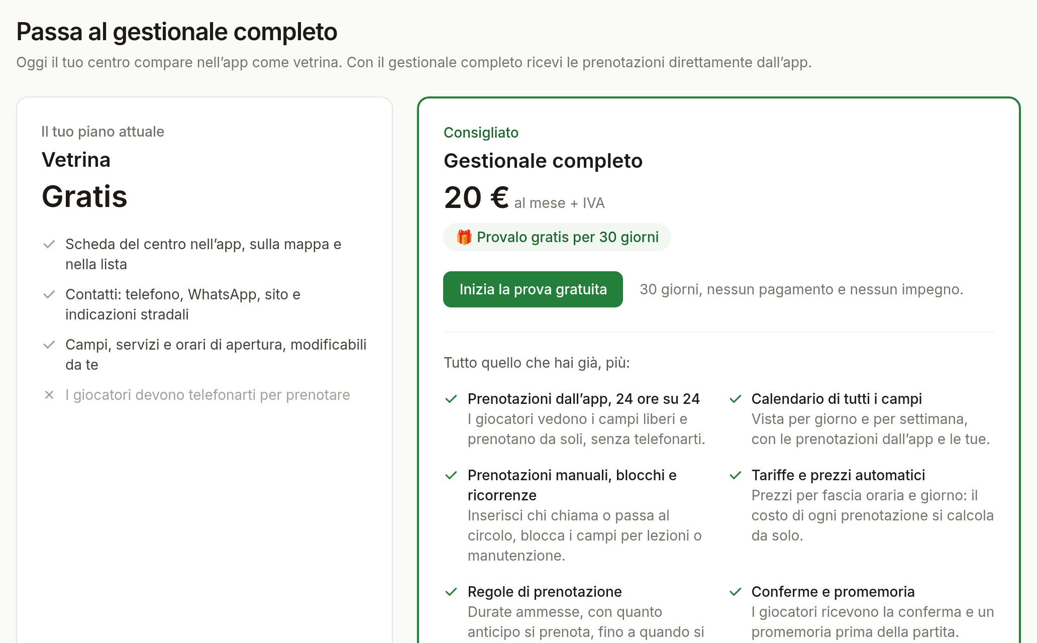 Pagina Abbonamento del gestionale con il pulsante per iniziare la prova gratuita