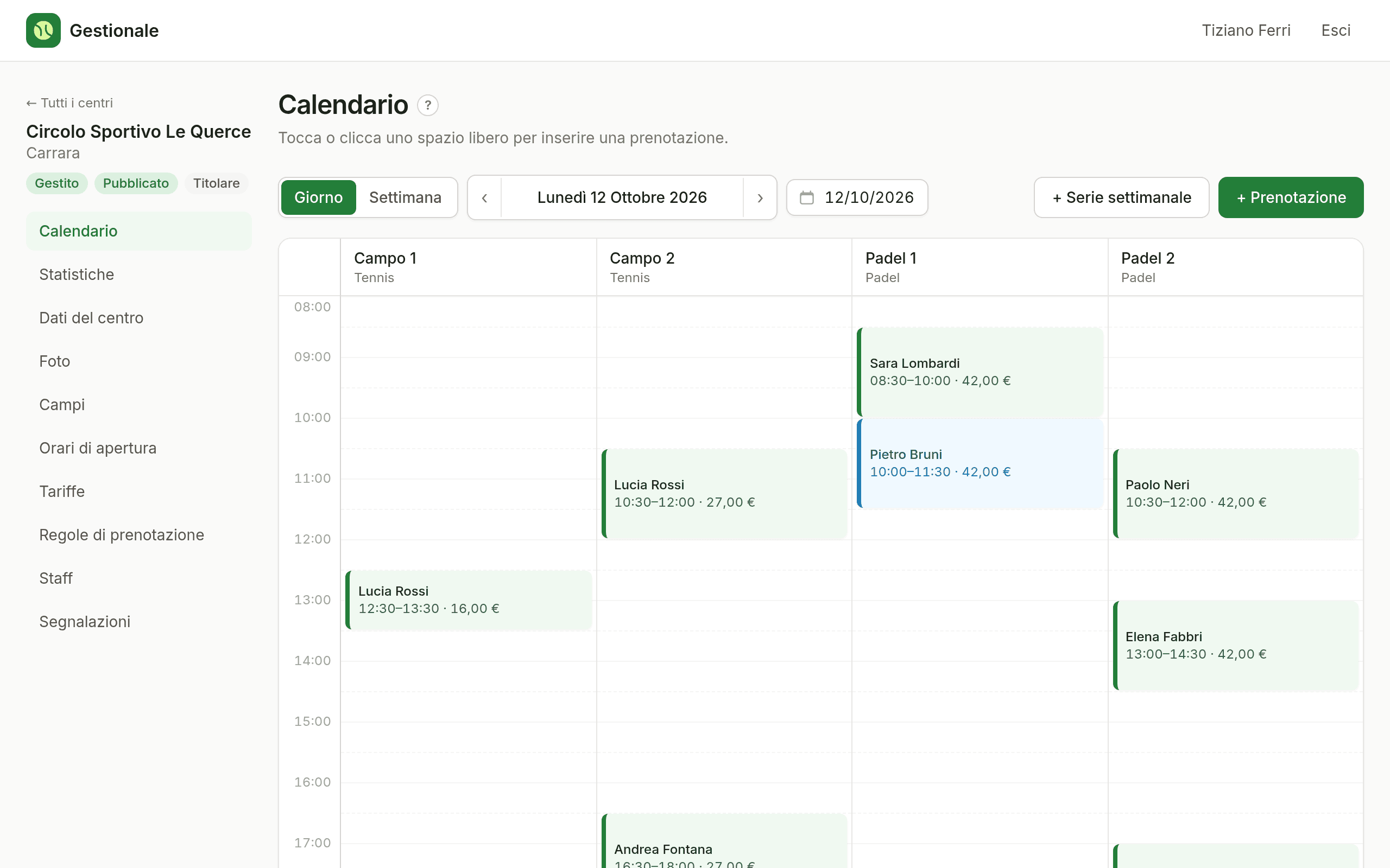 Calendario del giorno con le prenotazioni dei quattro campi di un circolo