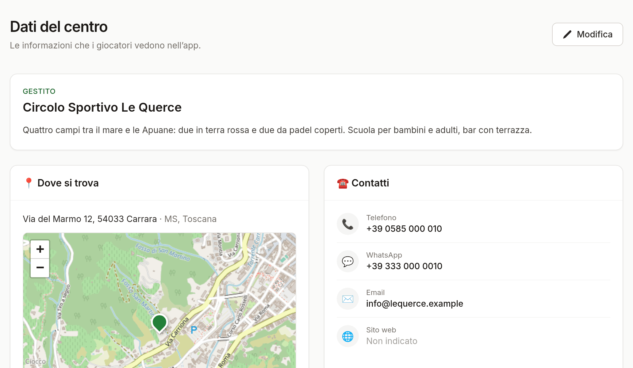 Pagina dei dati del centro con mappa, contatti e servizi