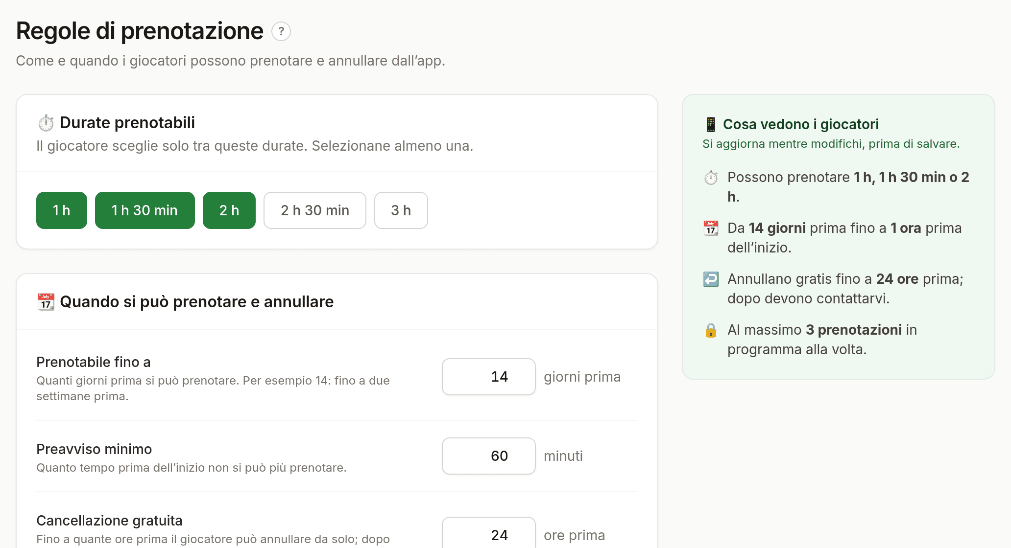 Pagina delle regole di prenotazione con l’anteprima di cosa vedono i giocatori